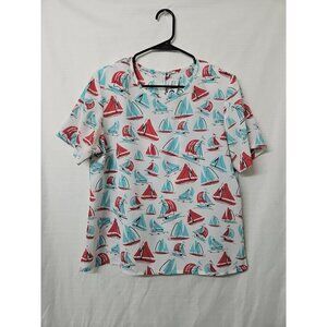 Vtg Womens Da-Rue Of California Sailboat Blouse Sz 10 Nautical Preppy Coastal